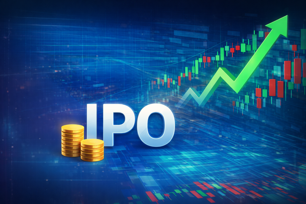 Shree Ram Twistex IPO GMP Today stock market candlestick chart with upward growth arrow
