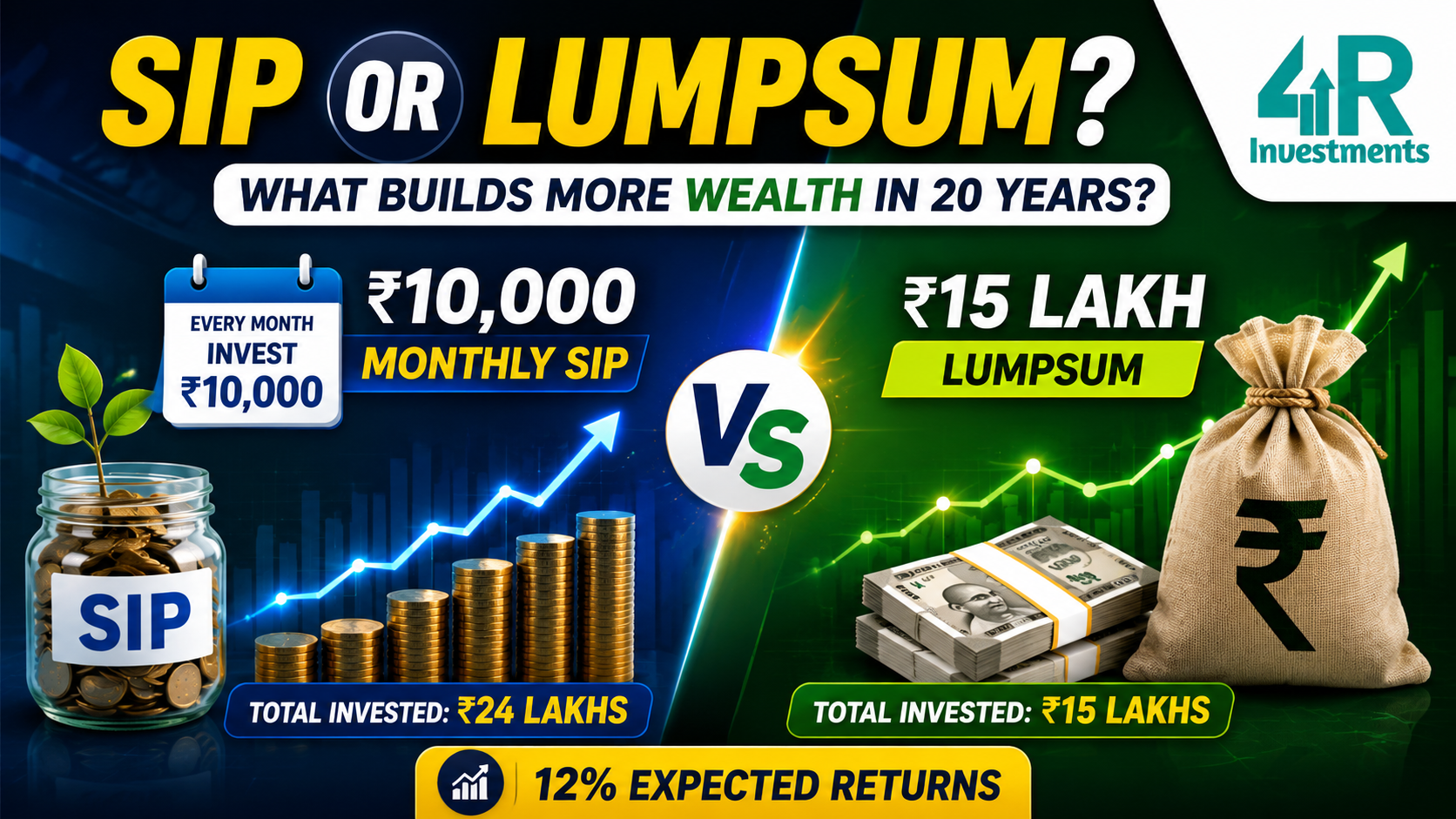 Alt Text: Financial comparison graphic showing ₹10,000 monthly SIP versus ₹15 lakh lumpsum investment over 20 years with 12% expected annual returns, highlighting long-term wealth creation, compounding growth, and investment strategy comparison.